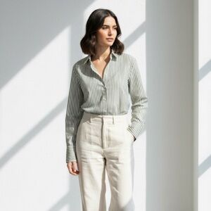 Bagutta green & white stripe cotton button down dress shirt - size Medium (M)